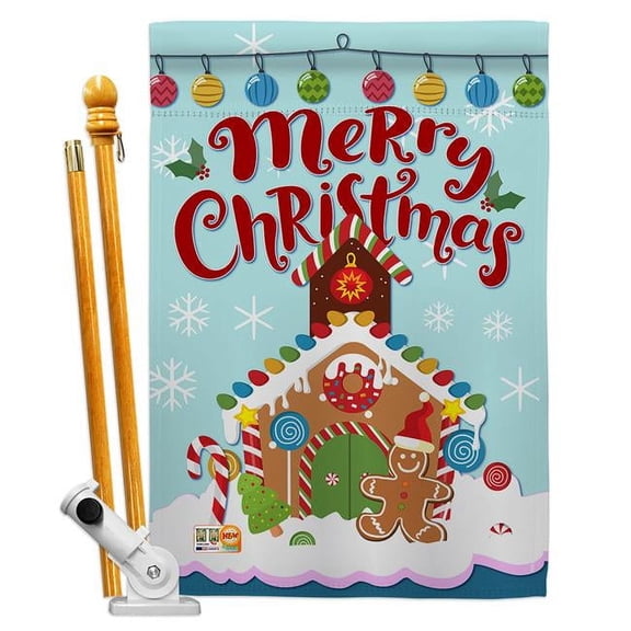 Breeze Decor BD-XM-HS-114151-IP-BO-D-US17-BD 28 x 40 in. Christmas Gingerbread House Winter Impressions Decorative Vertical Double Sided Flag Set & Pole Bracket Hardware