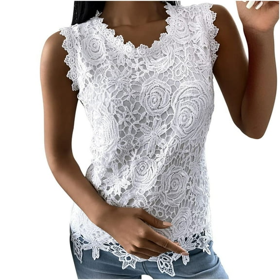 Lindreshi Tank Tops for Women Clearance Fashion Woman Rounk Neck Lace Sleeveless T-Shirt Solid Lace Blouse Tops