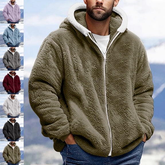 Zivyakyro Fall Winter Mens Fleece Jacket Zip up Warm Long Sleeve Teddy Plain Jackets Loose Hooded Gray 2XL