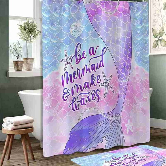 70x70 inch Purple and Blue Mermaid Tail with Quote Shower Curtain, Waterproof Polyester Fabric with Hooks for Bathroom Decor
