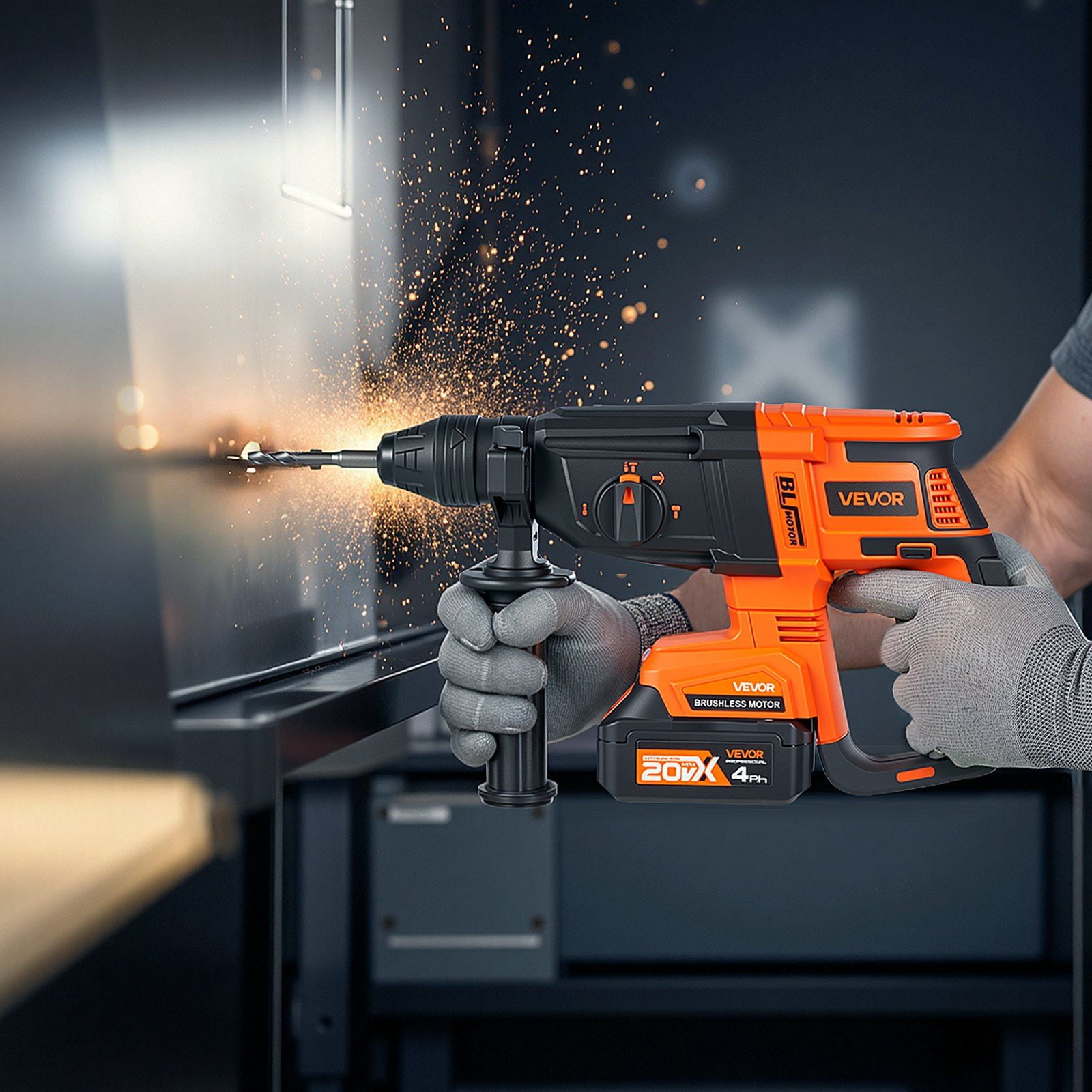 20V Max Brushless SDS-Plus Rotary Hammer Drill/Chipper Kit with 2 Batteries & Charger, 4-Function, 1200 RPM, Electric Drill for Concrete & Masonry