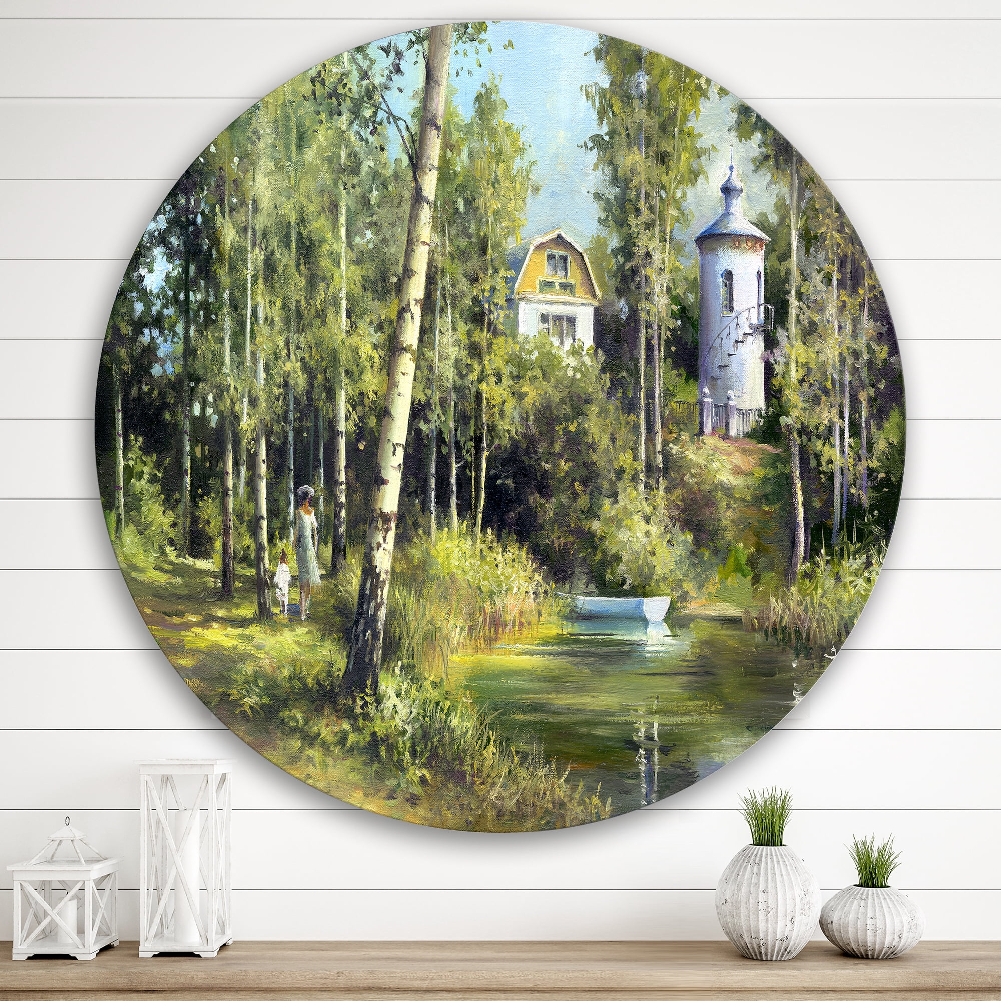 Designart 'The Wood River With Boat On A Decline By The Castle' Lake House Circle Metal Wall Art 36x36 - Disc of 36