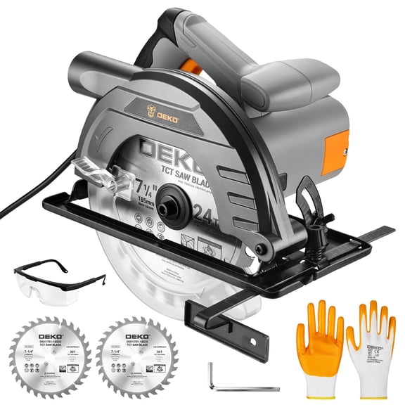 DEKO 7-1/4 Inch Gray Corded Circular Saw with 3pcs Saw blades| 10Amp 1200W | 5500 RPM | 65mm Cutting Depth | 0-45° Bevel | Electric Saw for Woodworking