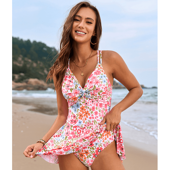 One Piece Swimsuits for Women Twist Front V Neck Swim Skirt Crisscross Back Tummy Control Swimdress Bathing Suit