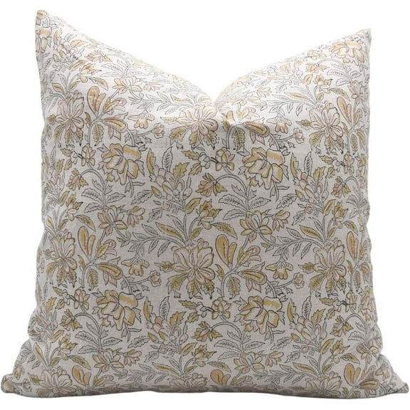 Fabdivine Block Print Throw Pillow Cover, 14x20 Inch Pure Linen Decorative Cushion Cover, Floral Print Boho Design Light Green Pillow Cover for Sofa and Couch