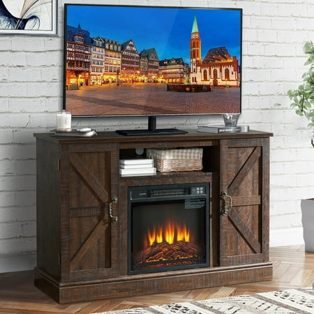 Fireplace TV Stand, Farmhouse TV Stand for 55" TVs with Electric Fireplace Heater, Fireplace Entertainment Center with Heating Timer, Virtual Flame, Remote Control, Brown