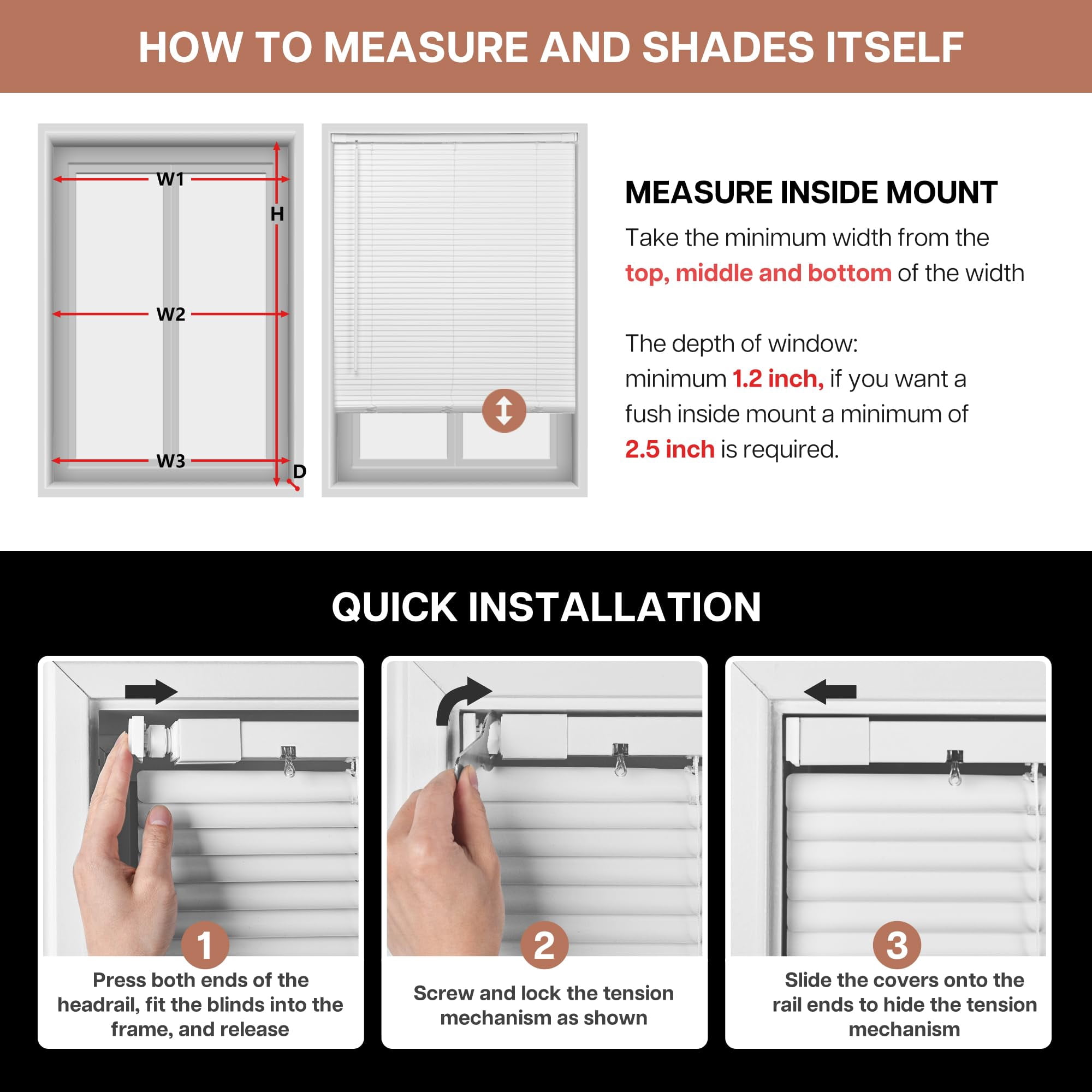 LazBlinds No Tools No Drill Cordless 1" Vinyl Mini Blinds, 100% Privacy S-Curve Blinds for Indoor Windows, Room Darkening Horizontal Window Blinds and Shades for Home, 25" W x 64" H, White