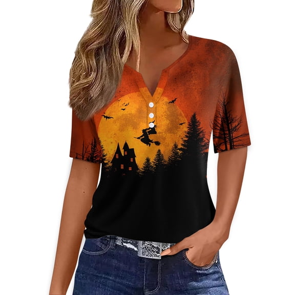 Domuza Women's Halloween Shirts V Neck Short Sleeve Casual Holiday Henley T Shirt Fall Novelty Horror Graphics Retro Button Tees-D M