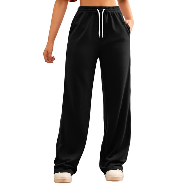Women's Solid Slant Pocket Wide Leg Sweatpants - High - Waisted Yoga Pants with Pockets, Comfortable Polyester, for Workout and Daily, Multiple Sizes