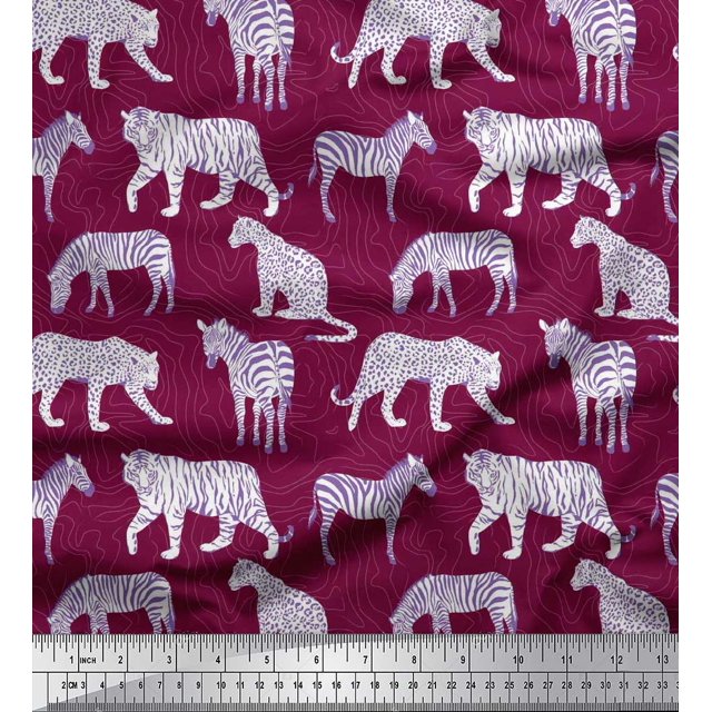 Soimoi Red Poly Georgette Fabric Tiger,Leopard & Wild Animal Printed Fabric 1 Yard 42 Inch Wide