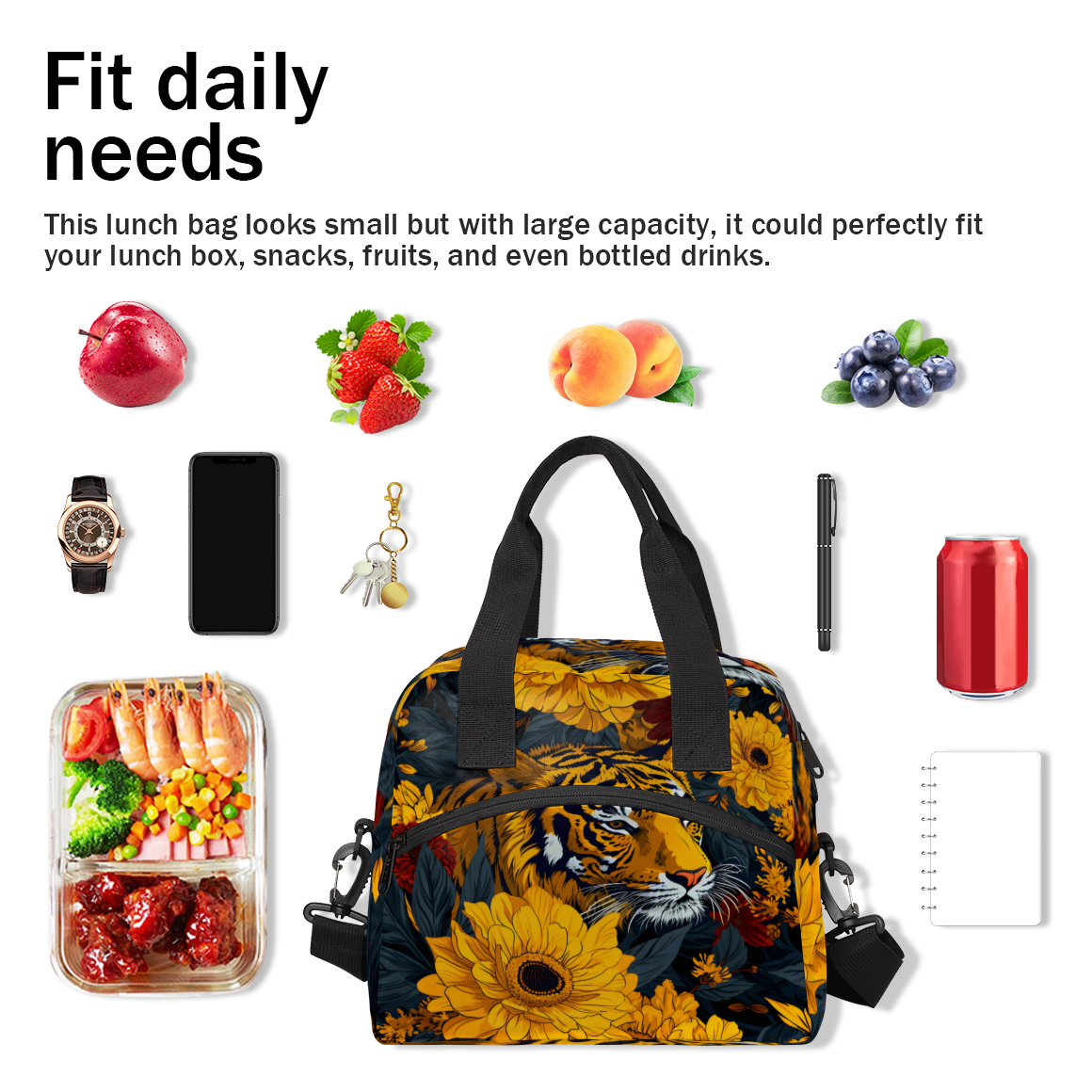 Herdesigns Tiger Insulated Lunch Bag for Women Men Adults Large Reusable Lunch Box Animal Safari Leakproof Cooler Tote Bags with Adjustable Shoulder Strap