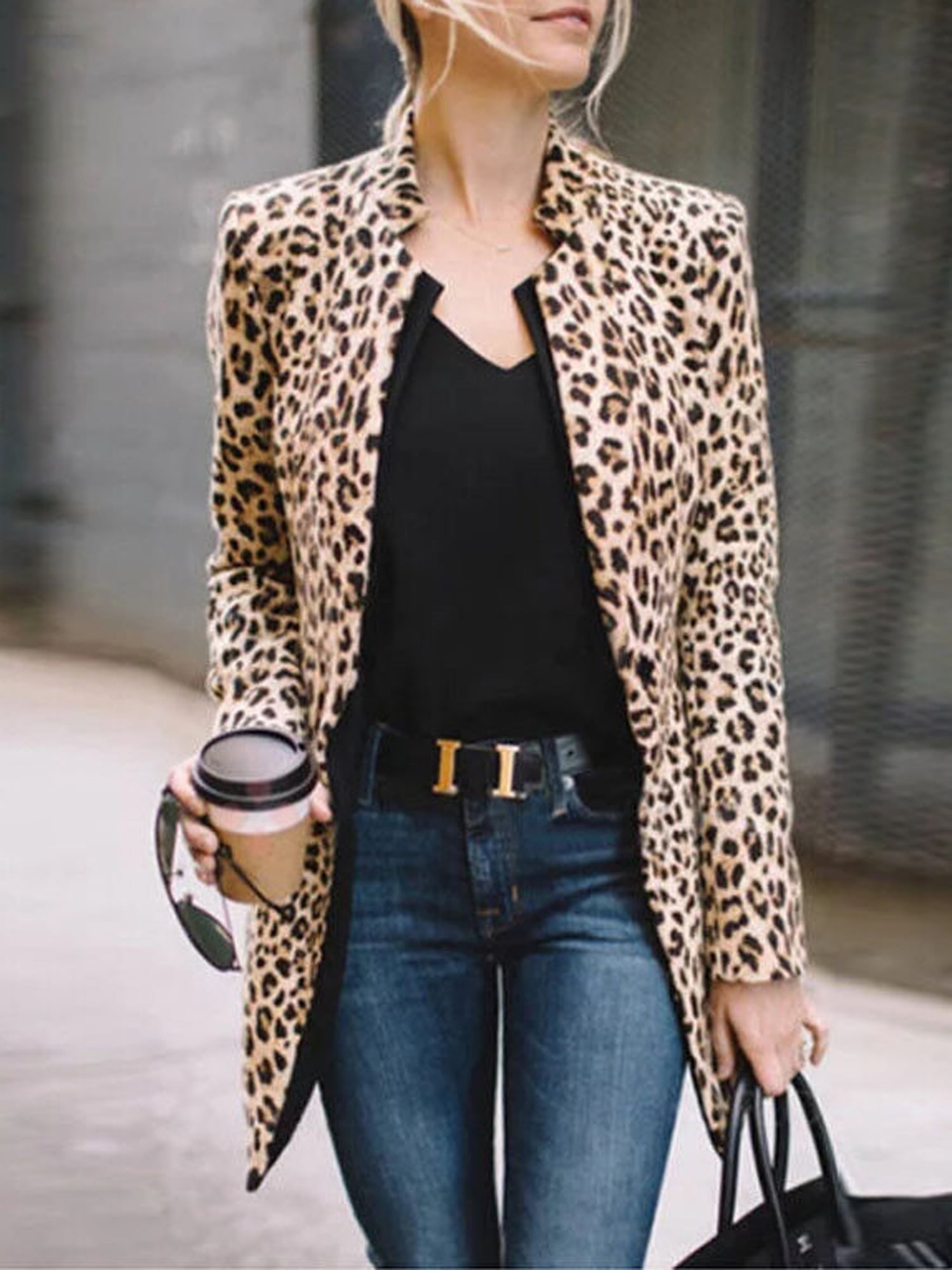 Women Leopard Print Long Sleeve Cardigan Jacket Casual Coat Business ...