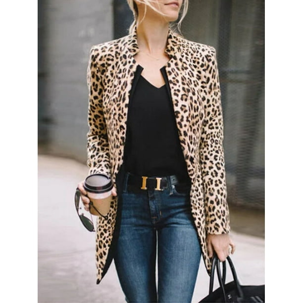 Women Leopard Print Long Sleeve Cardigan Jacket Casual Coat Business ...