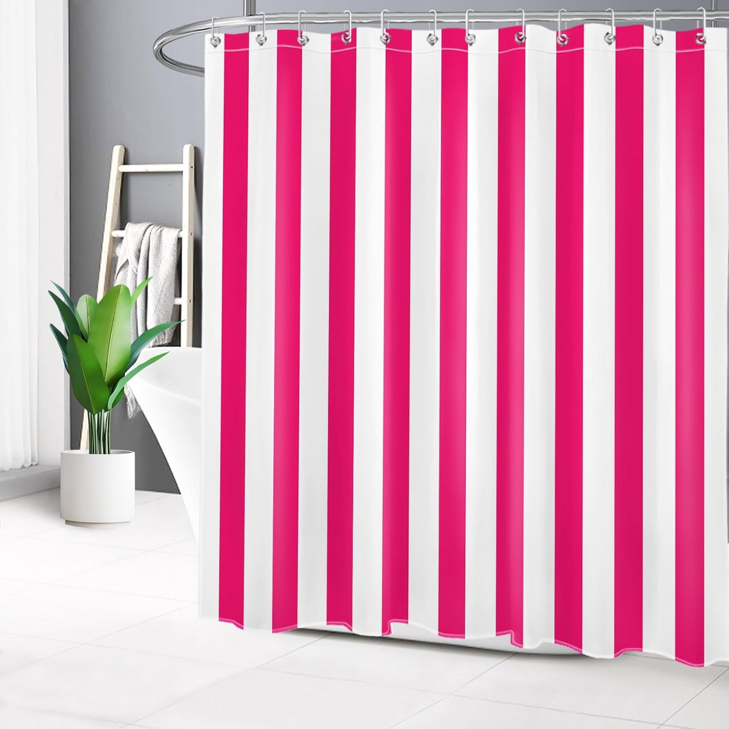 Hot Pink and White Striped Shower Curtain for Bathroom,Modern Abstract Vertical Stripe Fabric Shower Curtain with Hooks,Vintage Minimalist Bathroom Curtain Shower Set, 72" W x 84" L