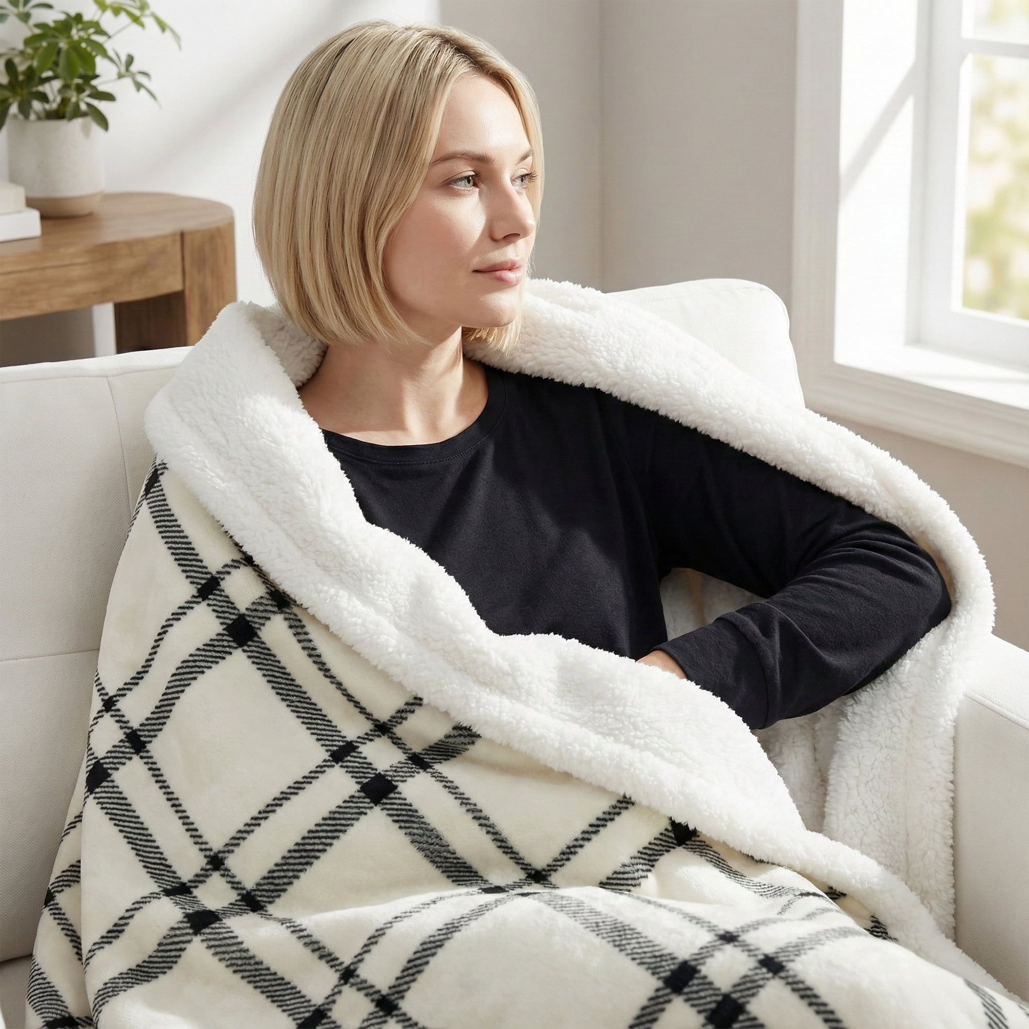 Americanflat Fleece and Reverse Sherpa Throw Blanket - 50x60 Inch Classic Tattersall Plaid - Ultra Soft Cozy Couch Cover - Warm Reversible Design - Black
