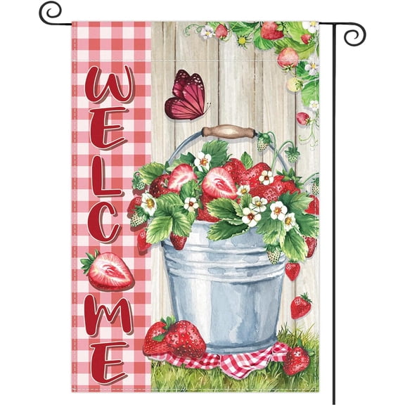 Strawberry Garden Flag Spring Summer Red Fruit Plaid Yard Flag Farmhouse Outdoor Decoration 12 x 18 Inch