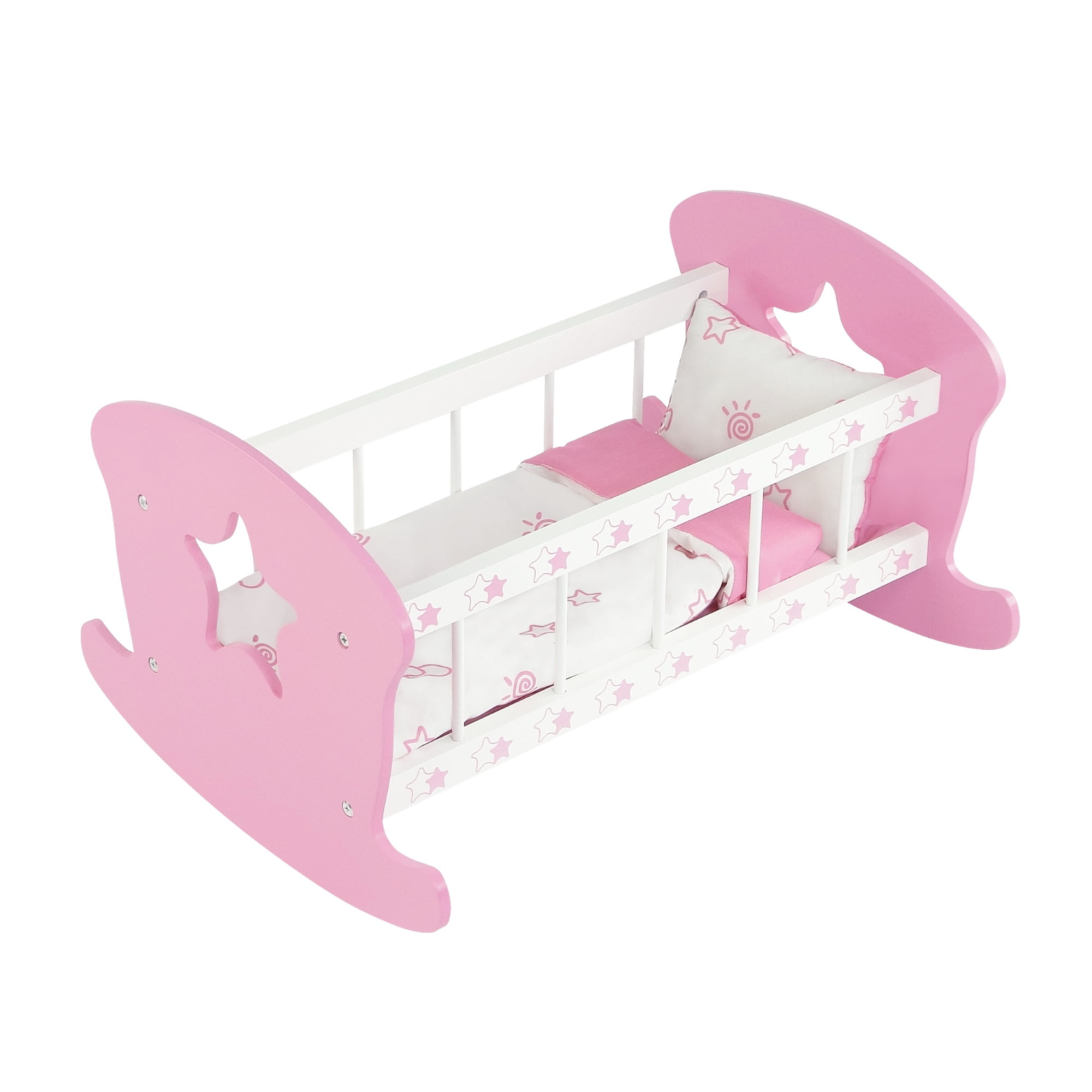 Photo 1 of 18 Iinch Doll Furniture Bed for My Life 18 Inch Dolls Baby Doll Cradle with Star, Includes Reversible Doll Bedding Doll Bed Fits American Girl and Similarly Sized Dolls
