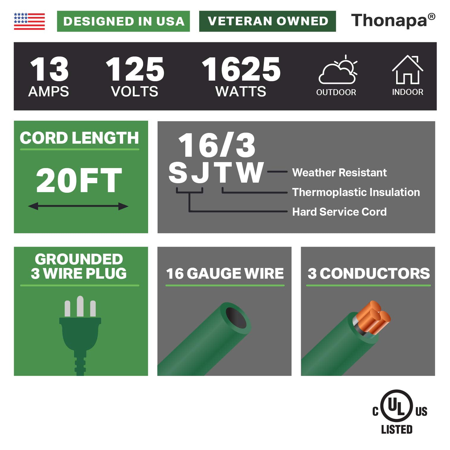 Thonapa 13 Amp Outdoor Extension Cord 20 ft, 16/3 SJTW 20ft Green Extension Cord 3 Prong, Weatherproof for Outdoor Lights, Landscaping & Lawn - US Veteran Owned