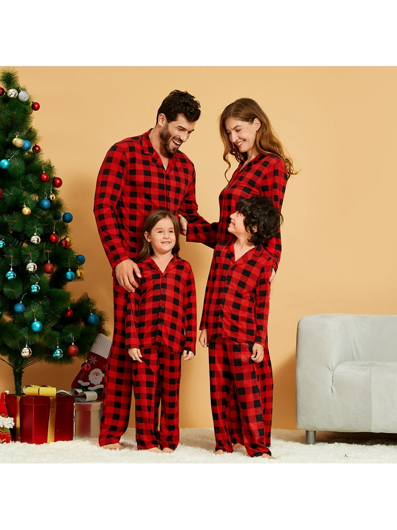 PatPat Mommy and Me Family Matching Polo Collar Plaid Christmas Pajamas -