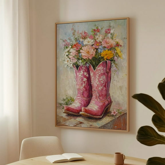 Rustic Pink Cowboy Boots Floral Art – Western Farmhouse Decor, Country Chic Wall Print, Rodeo Charm, Southern Cowgirl Gift Wall Art, Modern Wall Decor, 8x12 UNFRAMED
