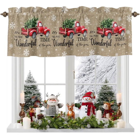 Valances for Windows Vintage Red Truck Rod Pocket Short Curtain for Bathroom Living Room Bedroom Snowflakes on Linen 1 Panel 42x18in