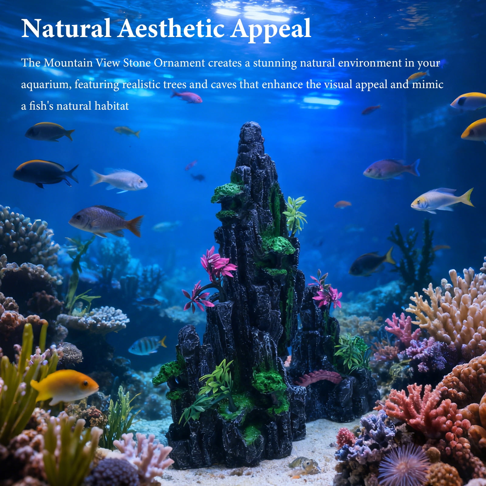 Artificial Mountain Stone Cave Aquarium Decor - Tree Design, 12.2×9.5×4.7in, Ideal Fish Hiding & Resting Spot