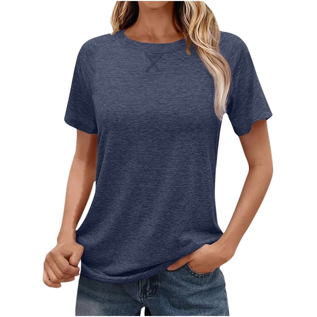 RKSTN Summer Tops for Women Fashion Solid Color Basic Round Neck Short Sleeved Blouses Loose Fit Pullover Versatile Tops