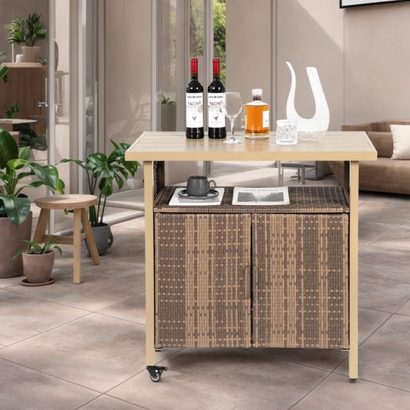 Outdoor Wicker Bar Cart Rolling Rattan Beverage Serving Cart With Wheels Glass Top Beige