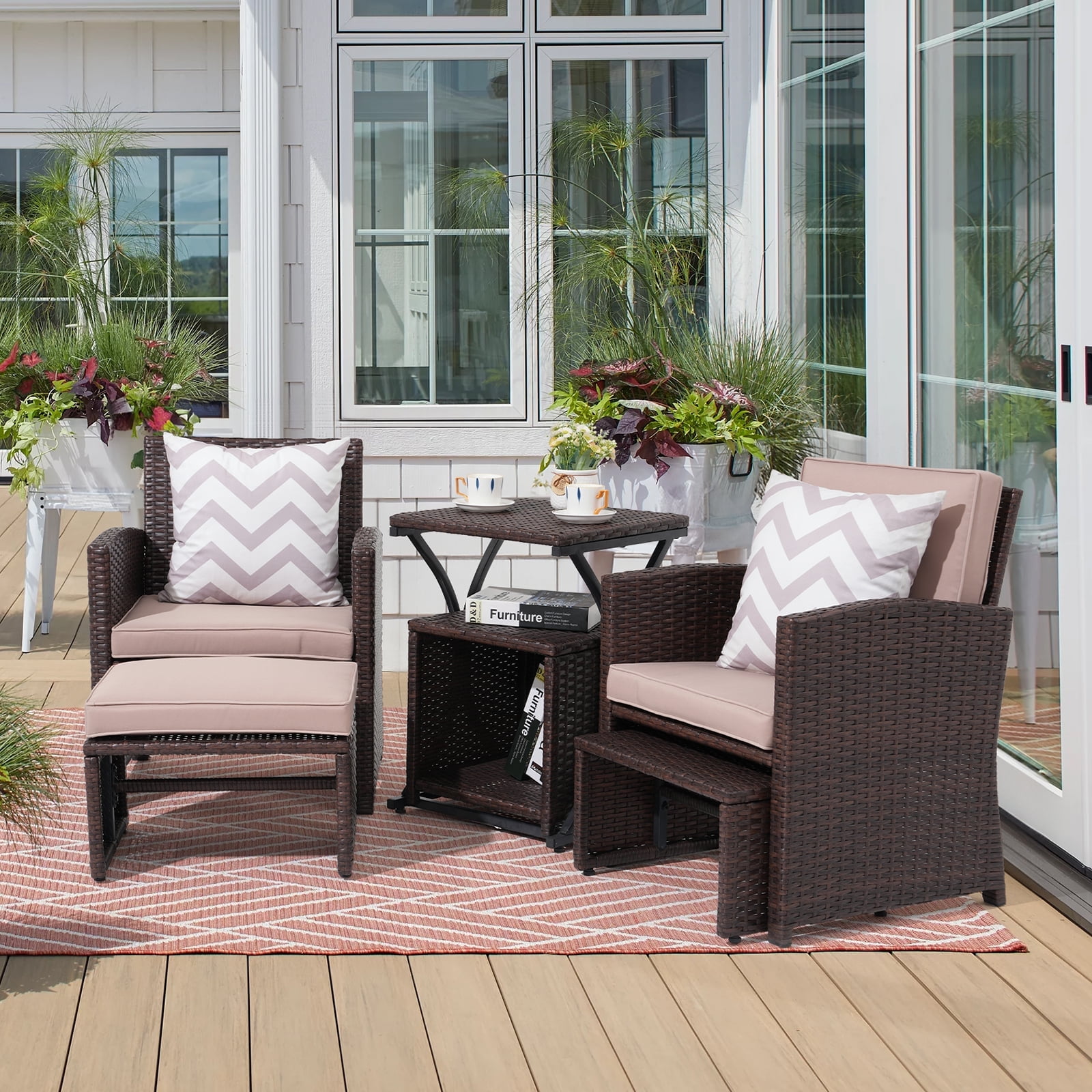 JOIVI 6 Piece Patio Wicker Furniture Set, Rattan Outdoor Chairs, with Beige Cushioned Ottoman, Resin Nesting Table, Modern Design, Beige & Brown