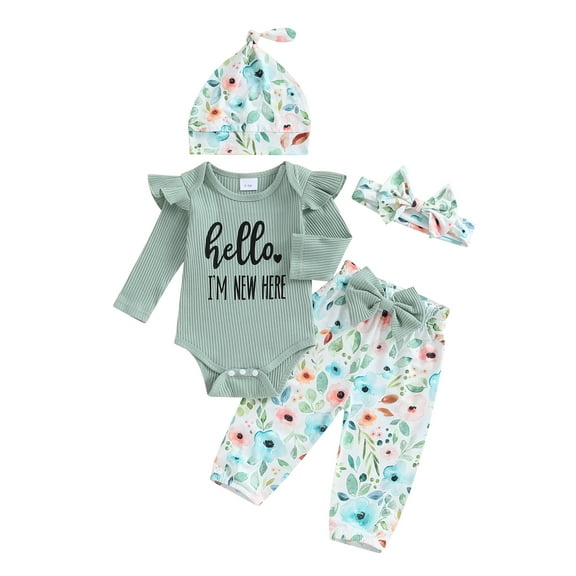 Newborn Baby Girl Clothes Hello I'm New Here Letter Romper Floral Pants Hat Headband Coming Home Outfits