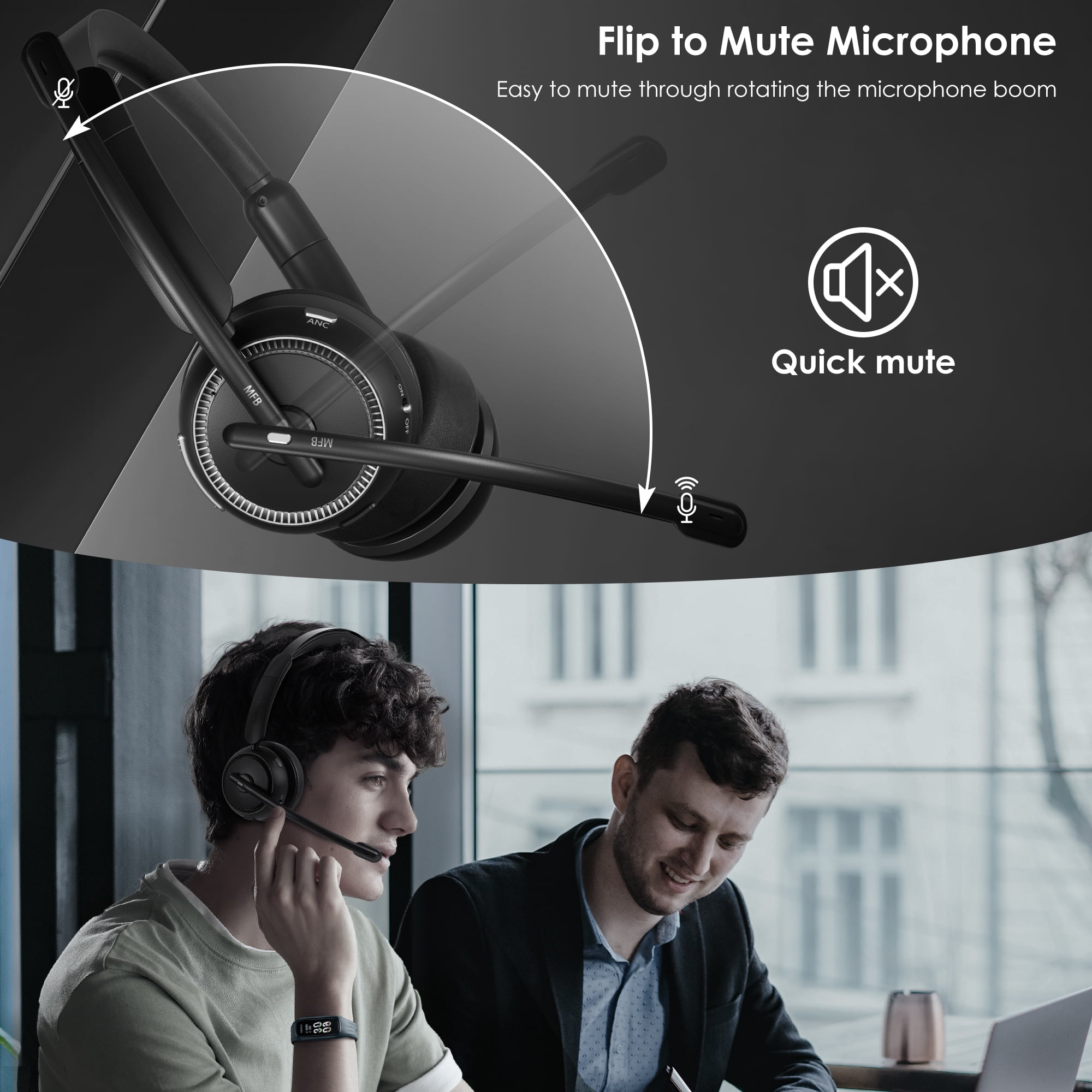 Swiifome Computer Bluetooth Wireless Headset V5.4 with ANC & ENC, with QCC USB Dongle, with Flip-to-Mute Microphone for Work from Home/Call Center/Office/PC/Laptop/Computer/Zoom/Teams