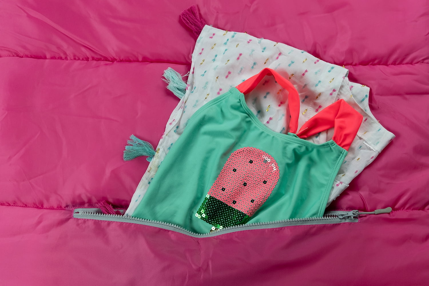 Mimish Sleep-N-Pack, 37F Kid's Sleeping Bag & Backpack, Cozy Liner, Hibiscus Pink/Coconut White