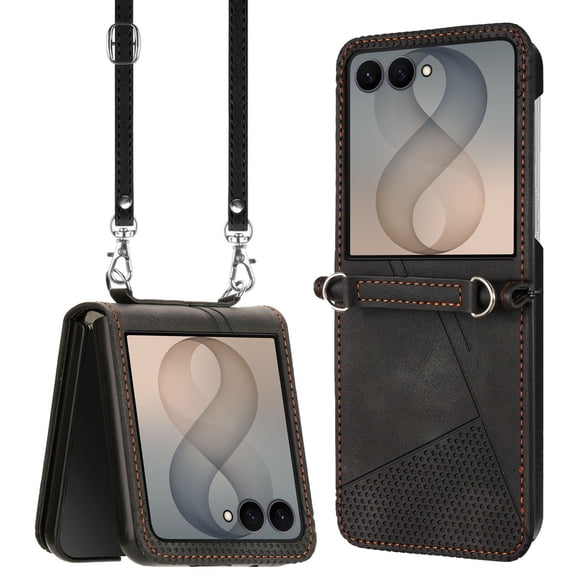 Phone Case for Samsung Galaxy Z Flip 8 Cover with Crossbody Shoulder Strap, PU Leather Hinge Protection for Women Men Ultra Thin Slim Durable Non-Slip Case Protective Cover for Z Flip 8, Black