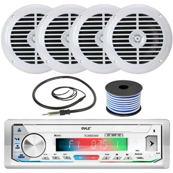 Pyle PLMRB39W Single DIN AM/FM Radio USB/AUX Bluetooth Marine Stereo White Receiver with 2 Pairs of 6.5'' 120W Full Range White Waterproof Marine Speakers, Wired Antenna, 18 Gauge Speaker Wire