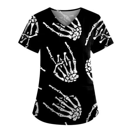 

QWANG Plus Size Cute Printed Scrub Working Uniform Tops For Women V-Neck Short Sleeve Fun T-Shirts Workwear Tee With Pockets