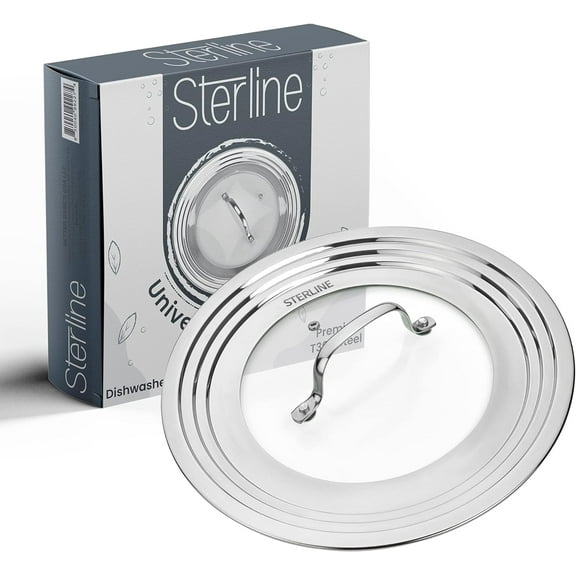 Sterline Large Universal Lid,Fits 8 -12 Inch Cookware,Tempered Glass Top with Steam Vent for Pots, Frying Pan,Stainless Steel Replacement Pot Lid for Kitchen Organizing, Space Saving