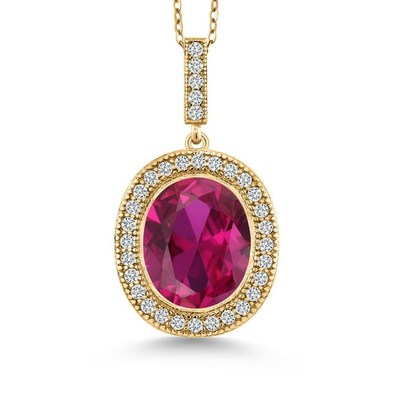 Gem Stone King 4.41 Ct Oval Red Created Ruby 18K Yellow Gold Plated Silver Pendant