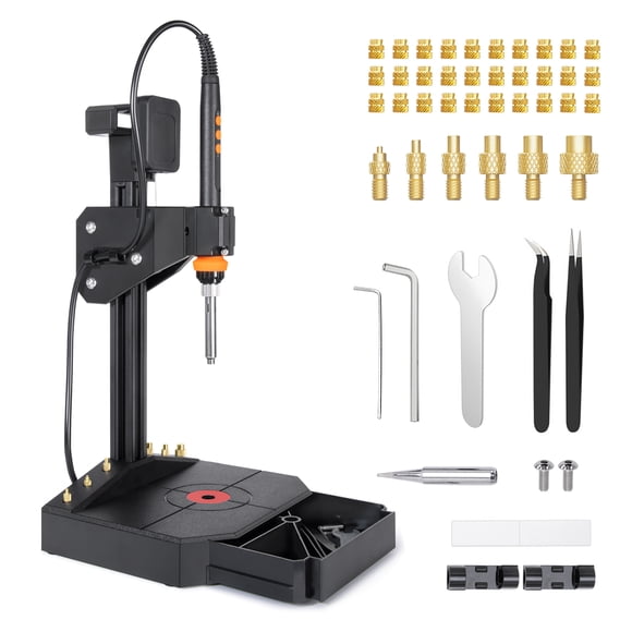 Mintion Prensa vertical para insertos termoendurecibles con soldador de 90 W y punta termoendurecible. Incluye 30 insertos de latón con rosca de tuerca para piezas impresas en 3D