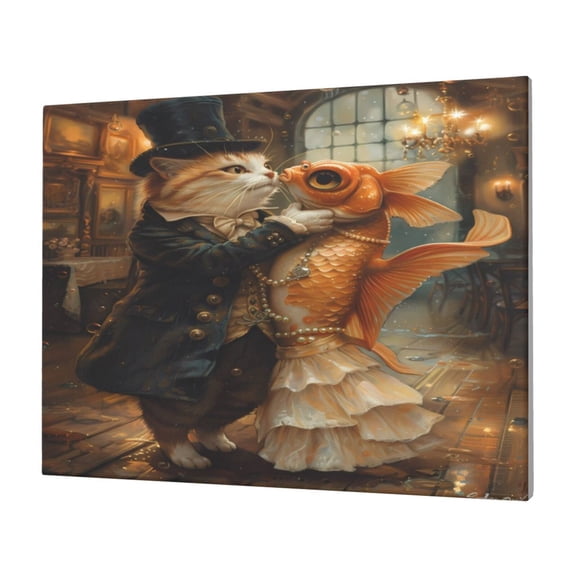 Logiee Cat Fish Dance Vintage Print Canvas Wall Art,Canvas Picture Prints with Frame, Wall Art Decorative,Canvas Decorative,Suitable for Living Room Bedroom Office Room 30x40