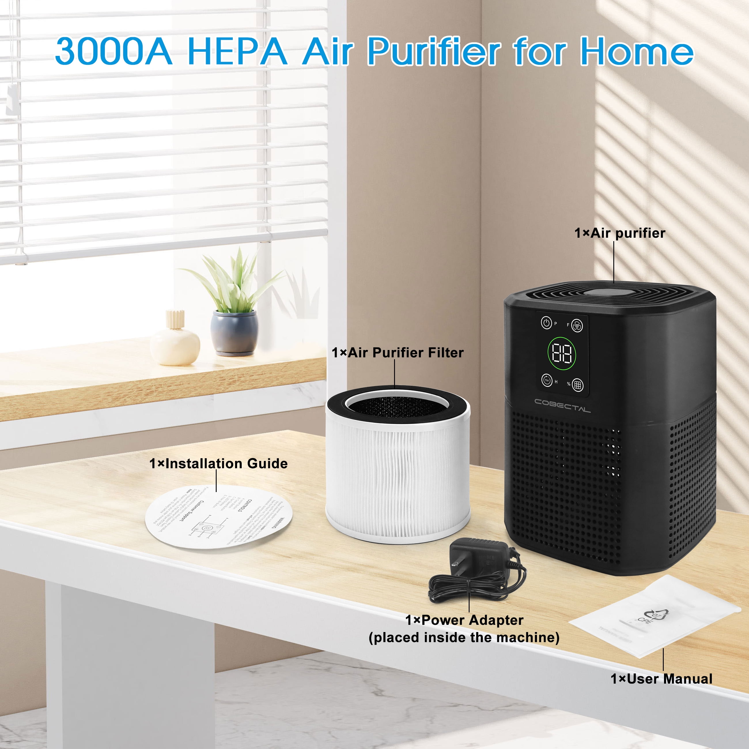 Cobectal ZQA-2000B Air Purifier with HEPA Filter for Mold, Allergies, Smoking, Portable, Covers 600 Sq.ft