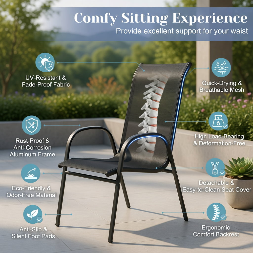 Hommoo 2-Pack Stackable Outdoor Dining Chairs with Armrests, Fabric, Steel Frame, Ergonomic Design for Patio, Deck or Balcony, Black