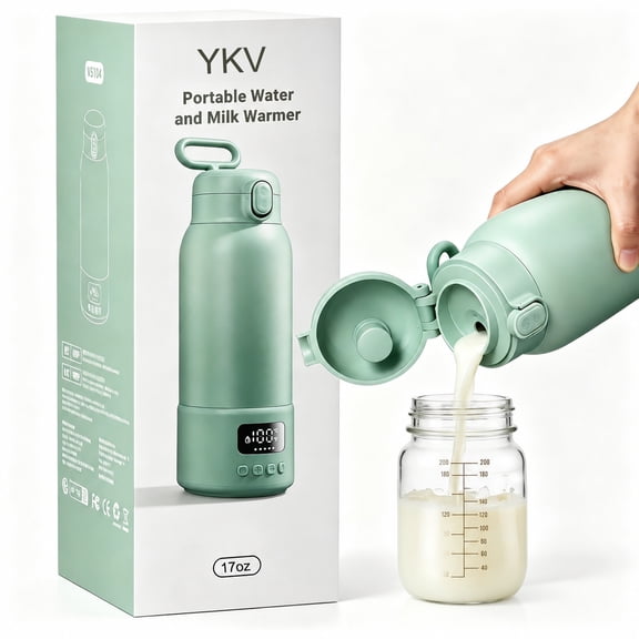 YKV Portable Bottle Warmer for Travel, 17oz Baby Milk Warmer with 100W Fast Heating, Temperature Control, Keep Warm Function for Breast Milk, Formula and Water