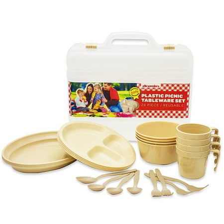 Wealers Plastic Reusable Dishes Set, Outdoor Dinner Tableware Set, 24 Piece Plates Cups Bowls Spoons Forks, Great for Picnic Camping Fishing or Any