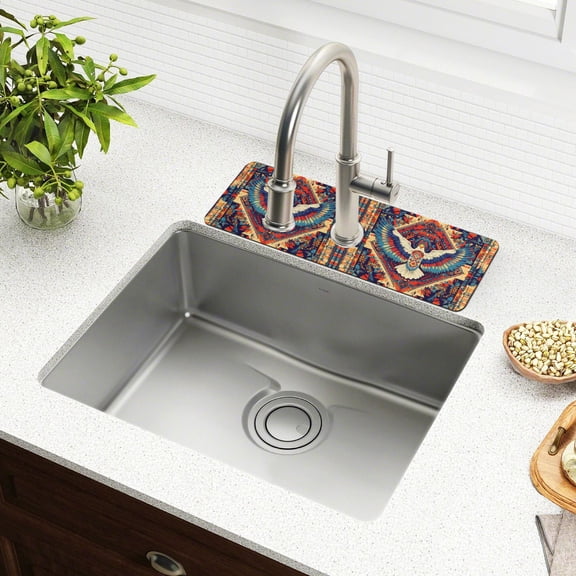Yayeee Faucet Mat for Kitchen Sink 14.7" Diatomite Long Splash Guard Pad, Beige Geometric Eagle