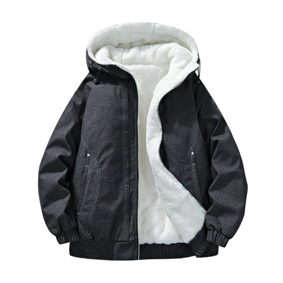 Wrtxtat Men's Sherpa Fleece Lined Denim Jackets Full Zip Warm Winter Trucker Jacket with Pockets Drawstrings Hooded Cowboy Jean Coat Black M