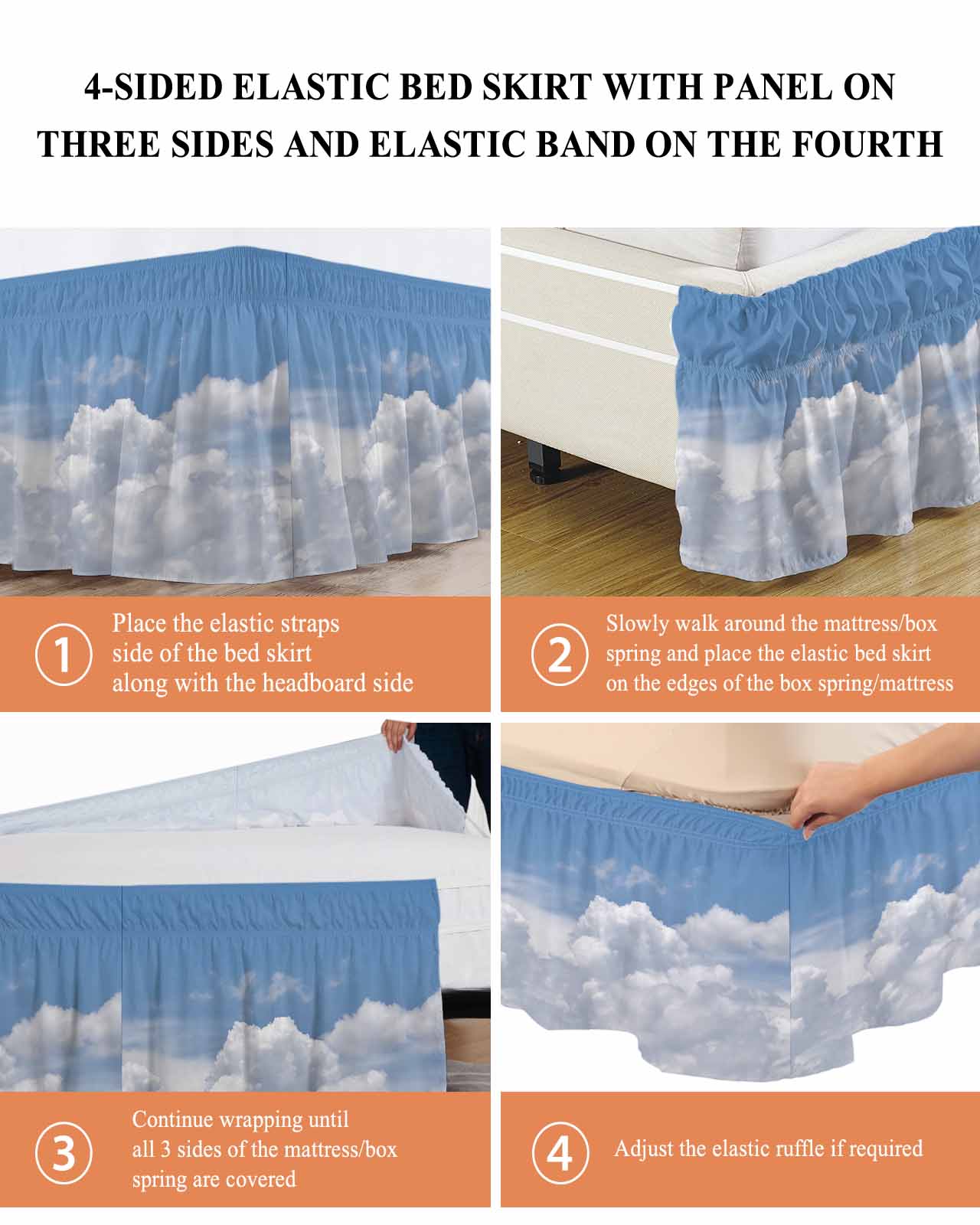 Sunny Clouds Bed Skirt White Gradient Sky Bed Skirts King Size 18 Inch Drop, Wrap Around Dust Ruffle&nbsp;Bedskirt with Adjustable Elastic Belt for Queen Size Beds