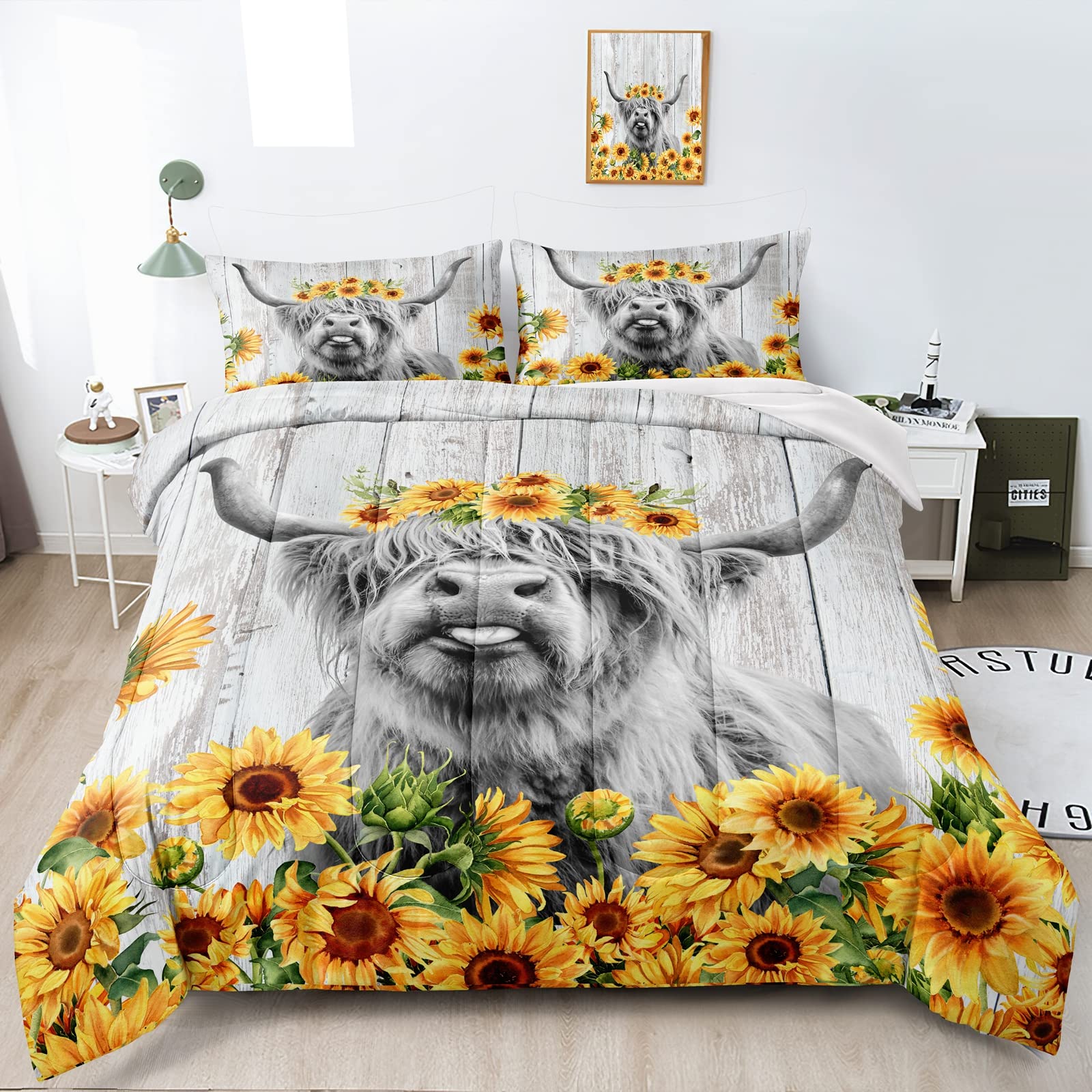 BDUCOK Highland Cattle Flower Comforter Set Full Size Bull Cattle