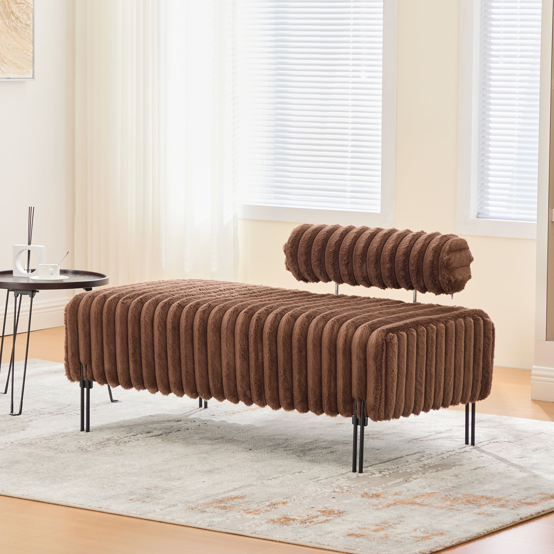 Noble House Fenton 49.6" Faux Fur Mini Loveseat, Adjustable Back Wide Bench with Metal Legs for Small Spaces, Brown