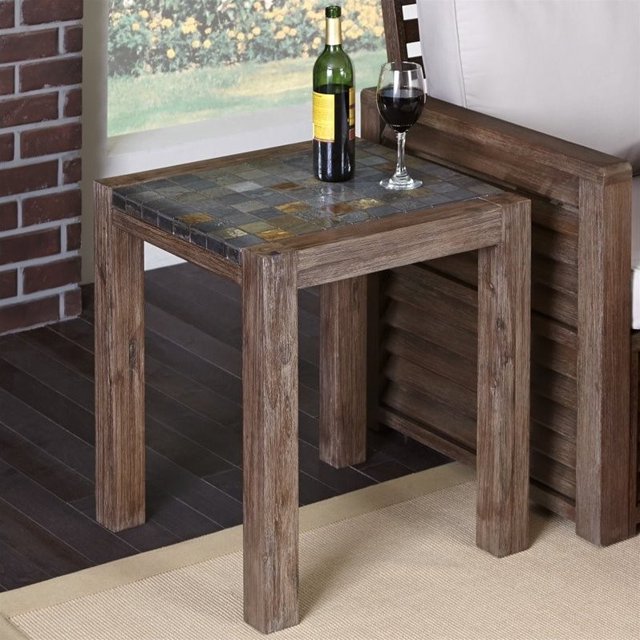 Home Styles Table d'Extrémité en Maroquin en Fil Brossé avec Plateau en Ardoise