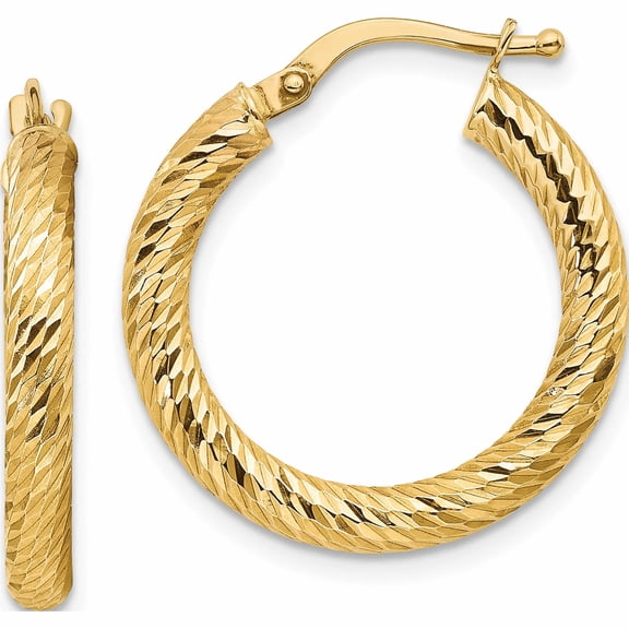 14K Yellow Gold 3X15mm Diamond-Cut Round Hoop Earrings (22.5 X 21.5) Made In Italy tf1340